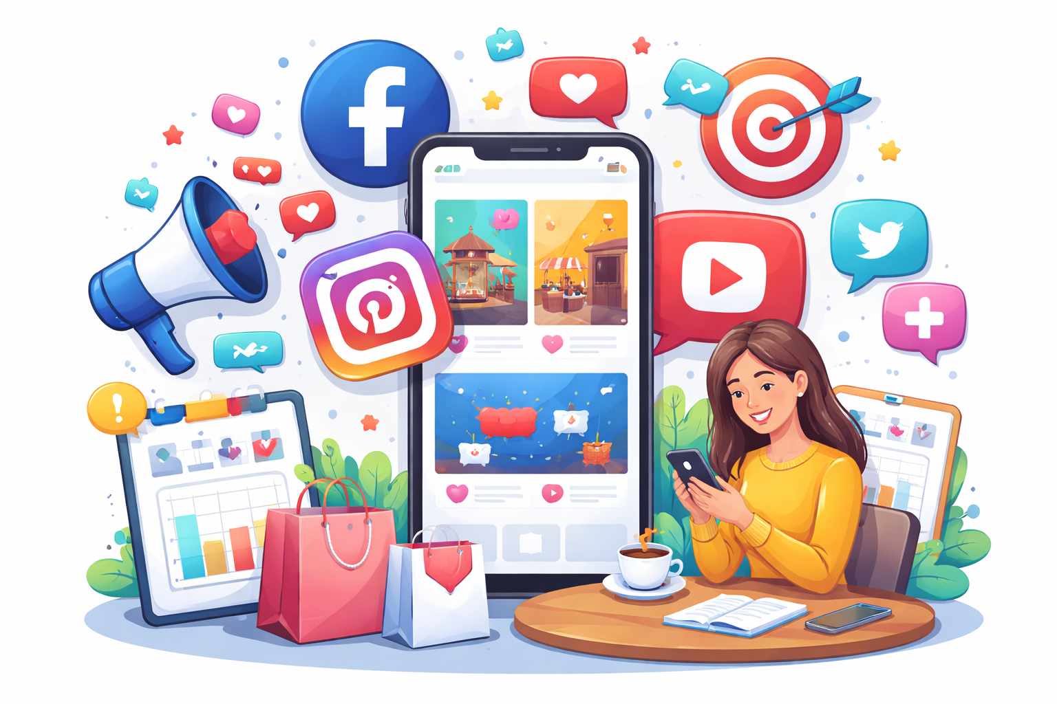 social media planning, woman with phone and social media icons, social media ideas