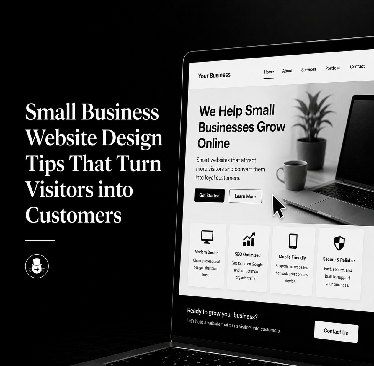 A screen shot of a website with text that says "small business website design tips that turn visitors into customers"